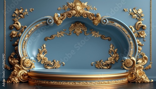 empty Podium and baroque gold motifs on blue background, elegant style, used for displaying products