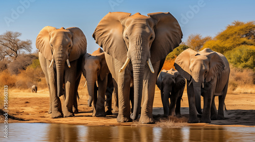 Herd of elephants stands at edge of water hole in Savannah dry meadow, wildlife conservation, photo shoot © Nittaya