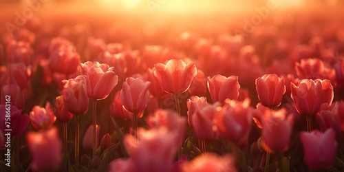 Lush pink tulip field kissed by the golden light of sunrise creating a picturesque spring morning #758663162