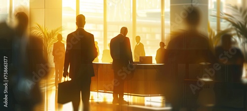 Business office with blurred people. Abstract light bokeh. generative ai