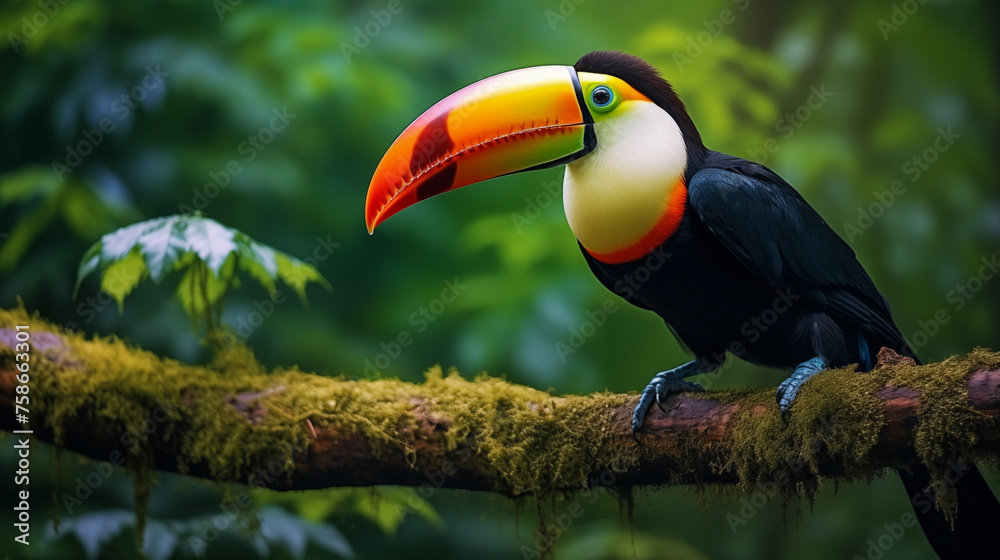 Obraz premium Toucan sitting on the branch in the forest, green vegetation, photo shoot --ar 16:9 --v 5.2 Job ID: 05041420-e932-4ffa-8efe-5fe6d47c0fa9
