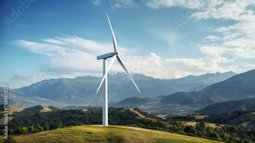 Wind turbine with mountain background, clean renewable energy, photo shoot