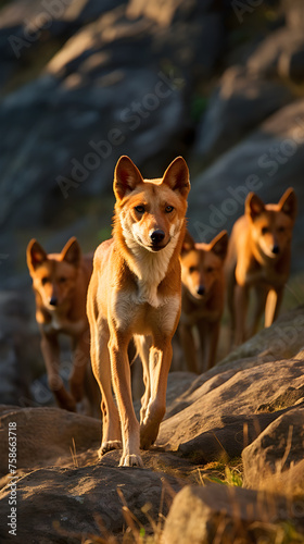 A Pack of Dholes (Asiatic Wild Dogs) Roaming Freely in Their Natural Wilderness Habitat - An Exemplary Depiction of Asian Wildlife