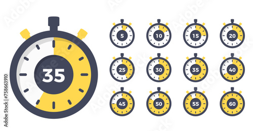 Stopwatch with different time, flat design, vector eps10 illustration