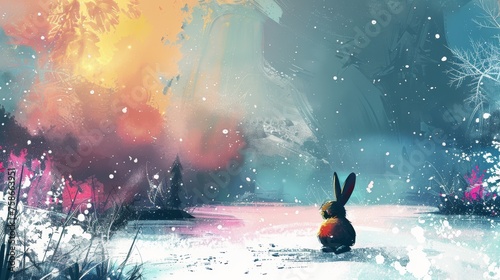 minimalist winter landscape painting, colorful, small rabbit photo