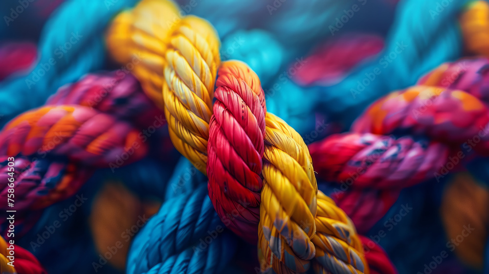 Close-up of colorful braided ropes intertwined, with a focus on a red and yellow section against a blurred background of blue and orange ropes, depicting strength, unity, and diversity.