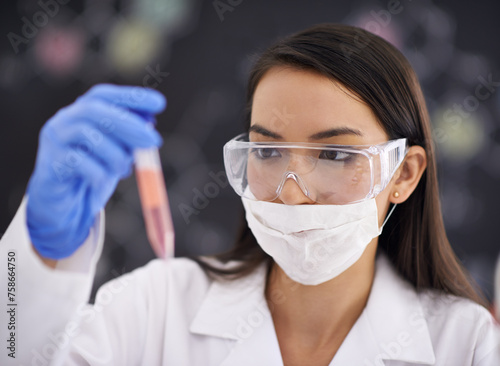 Scientist  test tube and woman in mask for research  experiment and cure. Science  glasses and medical professional with vial for chemistry  study and check liquid sample for laboratory analysis