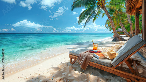 Tropical beach, blue sky, palm trees. Against the background of the ocean, a sun lounger, a beach towel, a book and a glass of drink.