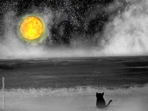 painting sea landscape a lonely black cat in the beach looking at the moon through.