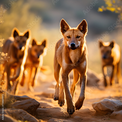 A Pack of Dholes (Asiatic Wild Dogs) Roaming Freely in Their Natural Wilderness Habitat - An Exemplary Depiction of Asian Wildlife