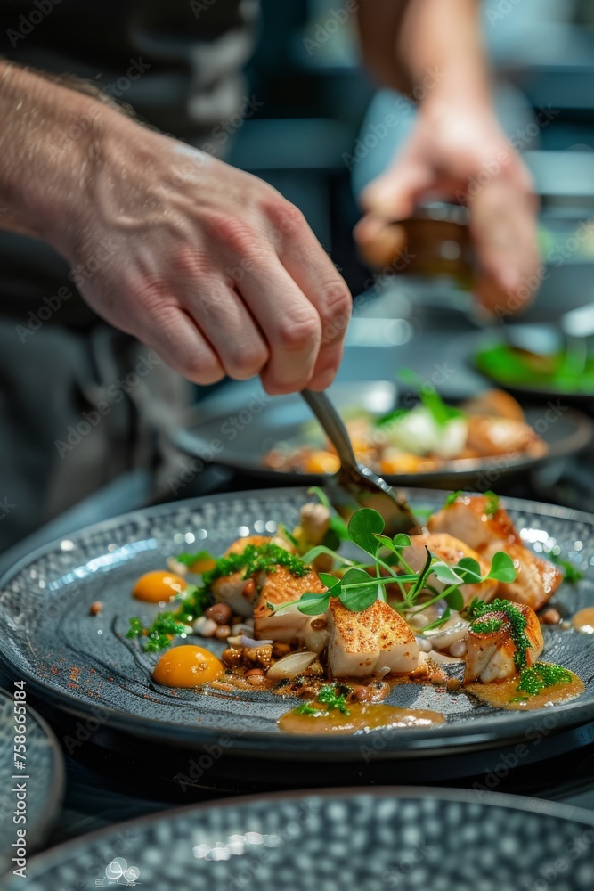 Close-up of chef's hands decorating a dish with seasonings and toppings in a restaurant kitchen. Chef adding finishing touch on his dish before it goes on the table. Author's cuisine concept. Close-up of chef's hands decorating a dish with seasonings and toppings in a restaurant kitchen. Chef adding finishing touch on his dish before it goes on the table. Author's cuisine concept.