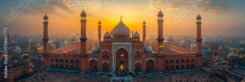 Aerial view of Jama Masjid Delhi Delhi India, Sun set view of Jama Masjid Delhi India photo