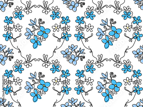 Seamless floral forget-me-nots,violets pattern, continuous one line art hand drawing sketch