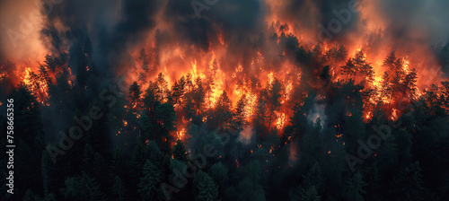 forest fire in a pine forest at night. Natural disaster in summer due to drought. Aerial top view