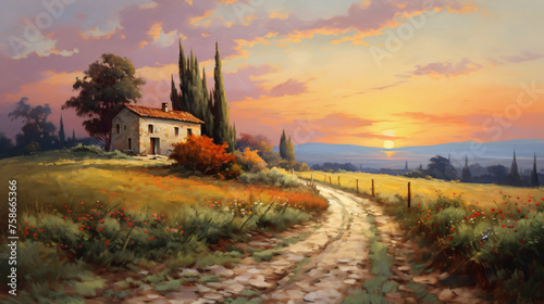 Country Road Leading to House at Sunset Serene Rural
