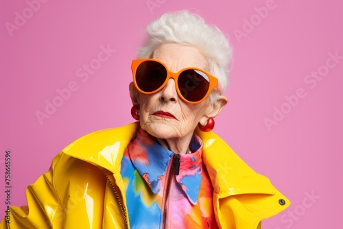 Fashionable senior woman in yellow raincoat and sunglasses on pink background © Igor