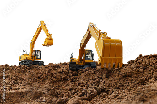 Crawler Excavator is digging soil in the construction site on isolated white background.
