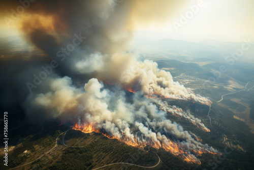 AI generative images. Aerial view on the wildland forest fires. Environmental issues concept photo