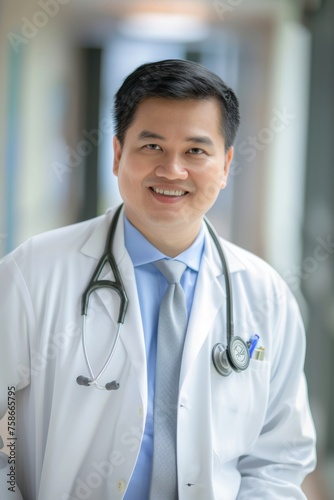 A smiling Asian male doctor in a hospital corridor