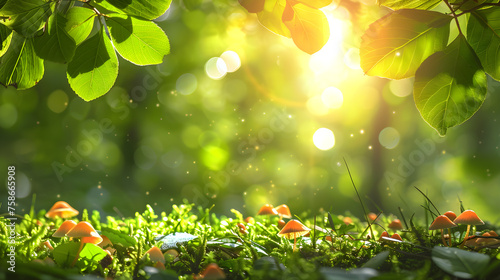 A bright forest clearing with beautiful sunlight and seasonal nature background, close-up on wildlife nature mushrooms and green fresh leaves.