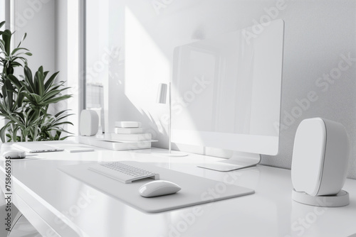 AI Generated Image. White workplace with desktop monitor, soundbars, computer mouse and keyboard in futuristic office photo