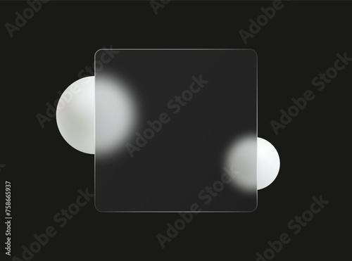 Glass morphism style. Realistic glass morphism effect with floating spheres.