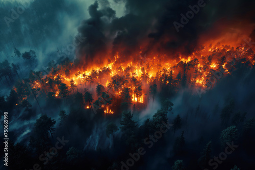 danger forest fire in pine forest at night. Aerial top view