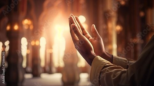 Photo hand open arm while pray in islamic culture