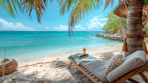 Tropical beach, blue sky, palm trees. Against the background of the ocean, a sun lounger, a beach towel, a book and a glass of drink.