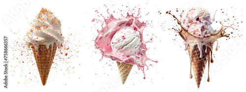 Set of delicious ice cream explosion, isolated on transparent background.