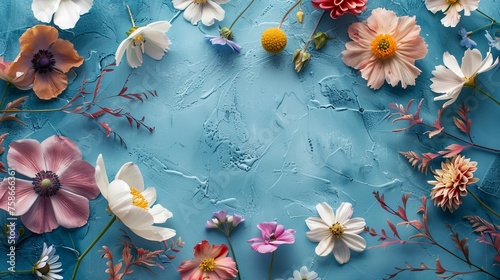 Different soft flowers on blue table 