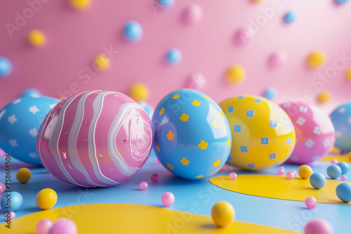 Easter eggs festival, pastel background colors charming, adorable, shiny,3D illustration concepts.