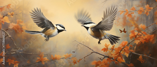 A couple of little birds chickadees flying toward spread