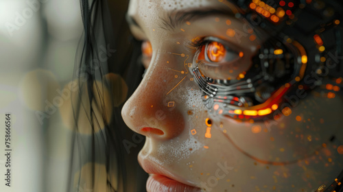 Close-up of a female cyborg with advanced technology interface, showcasing an electronic eye with glowing elements, set against a soft-focused background.
