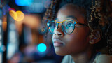 A close-up image capturing a young girl with glasses looking upward with an expression of curiosity or contemplation, vibrant bokeh lights in the background create a dreamy atmosphere.