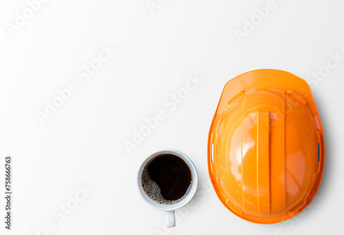 Orange safety engineer helmet on white background.