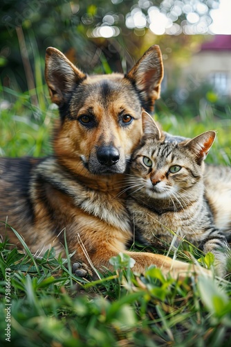 Cute dog and cat lie together in nature on green grass. generative ai