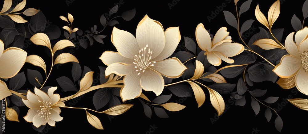Luxurious black and gold floral design for decorative textile print - obrazy, fototapety, plakaty 