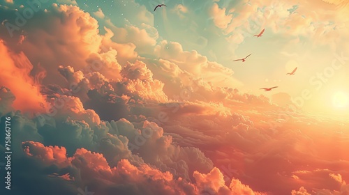Dreamy Themes: Images evoking dreamlike atmospheres with elements such as clouds, stars, birds, and other symbols. photo