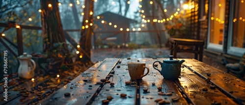 A cup of coffee on a wooden table with a teapot and po