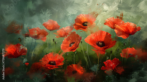 Digital oil painting of poppies flowers modern impress