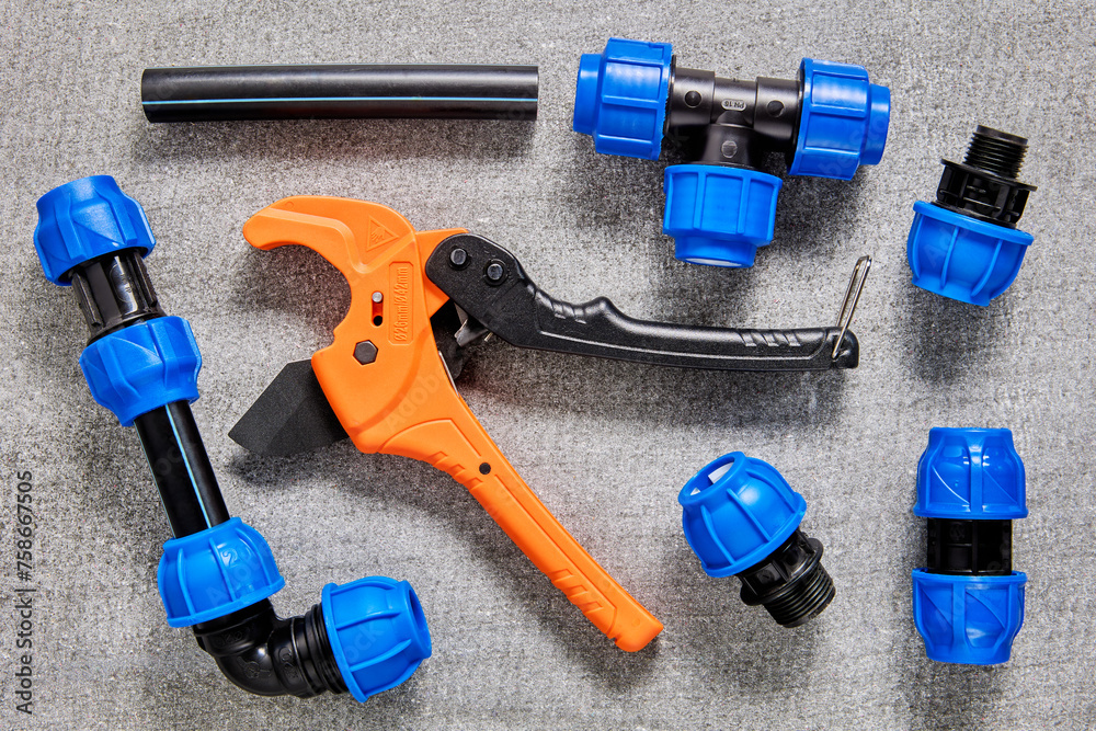 PP connection fitting for compression pipe connectors with pipe cutter. PP connection fitting for compression pipe connectors with pipe cutter.