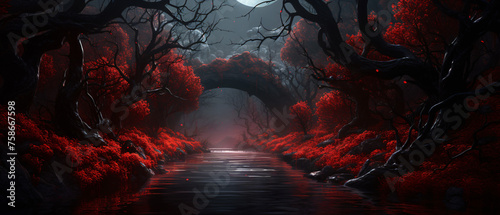 A dark forest with a stream of water surrounded by red © Jafger