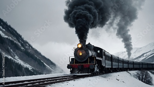 Vintage steam locomotive on a snowy mountain road.