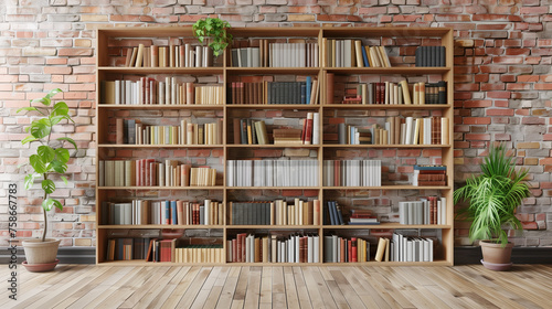Wooden bookshelf in front of brick wall, wooden floor, houseplant. Minimalistic interior design.