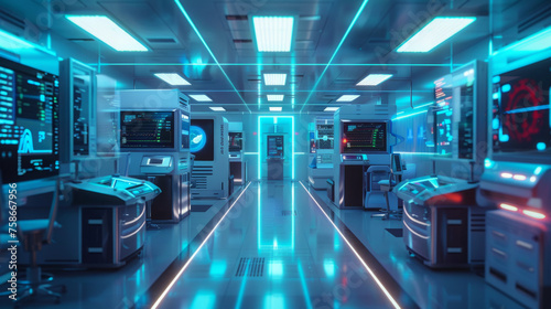 Futuristic server room with illuminated neon lights, advanced computer terminals and monitors displaying data.