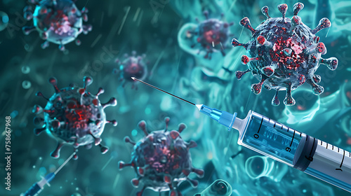 Medical procedures for sample collection, virus vaccine research, disease cure, clinical diagnoses, and cell immunity development concepts illustrated in a wide banner. photo