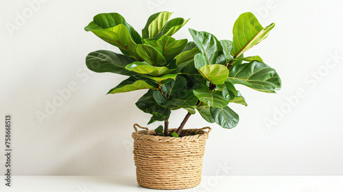 Elegant green ficus lyrata plant in straw flower pot 