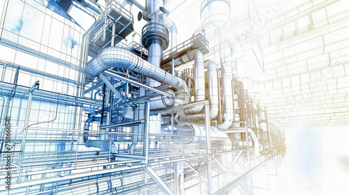 Blue-Toned Illustration of Industrial Pipes and Equipment, Emphasizing the Technological Backbone of Factories and Energy Facilities © MDRAKIBUL