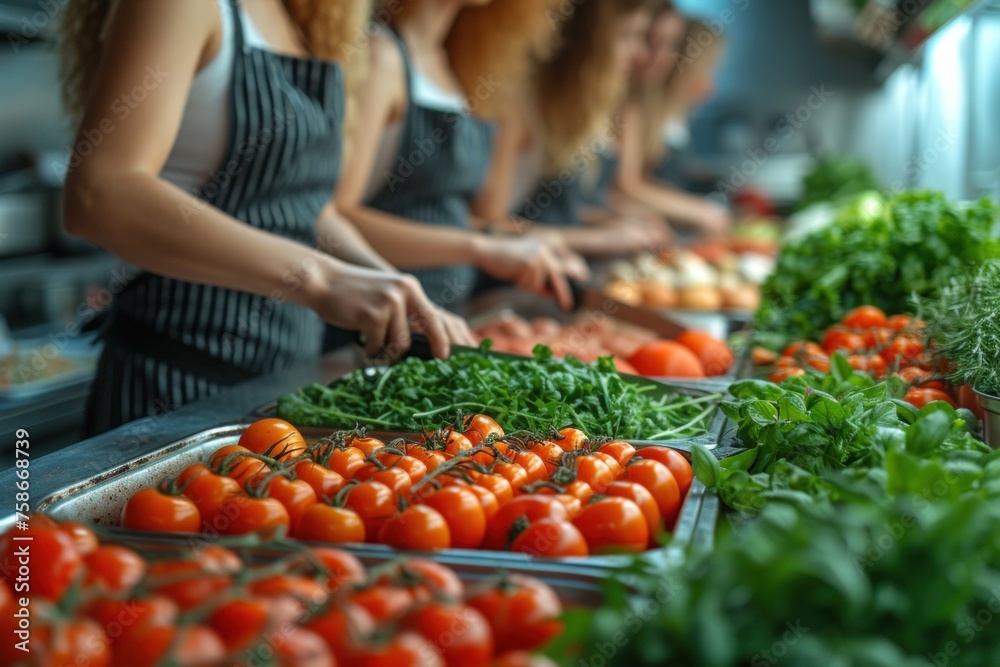 A group in the kitchen preparing natural foods and whole food ingredients A group in the kitchen preparing natural foods and whole food ingredients